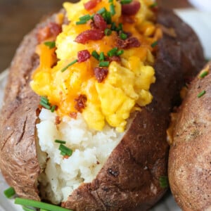 baked potatoes stuffed with eggs, cheese and bacon