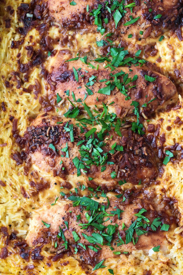 chicken and rice casserole with parsley on top