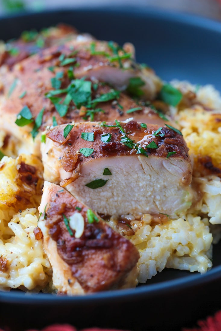 sliced chicken on a plate with rice