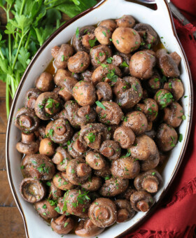 sherry mushrooms in a serving dish