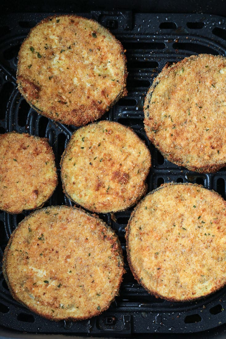 slices of air fried eggplant in air fryer