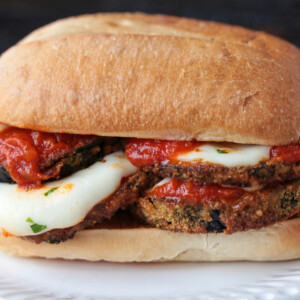 sandwich made with air fried eggplant, marinara sauce and mozzarella cheese