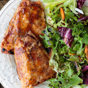 teriyaki glazed salmon on a plate with salad