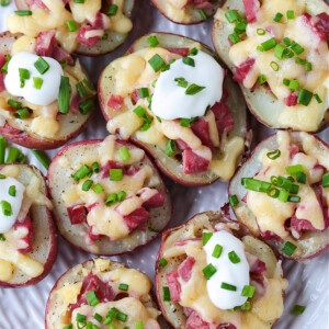 small red potatoes stuffed with leftover corned beef and cheese