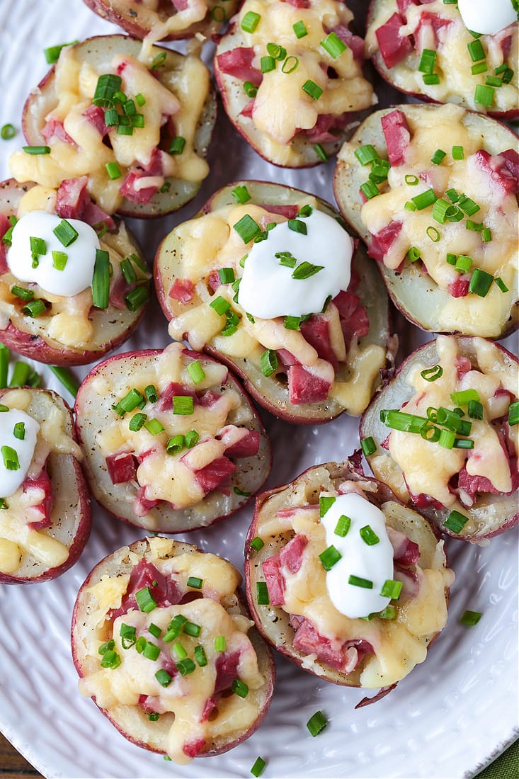 small red potatoes stuffed with leftover corned beef and cheese