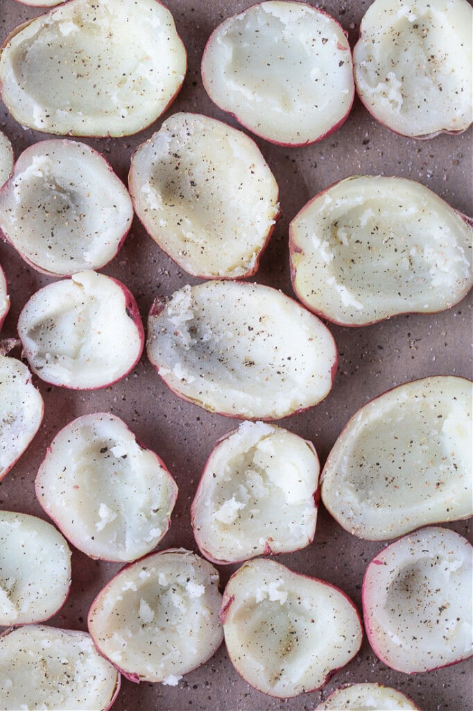 small red potatoes scooped out to make stuffed potato appetizer