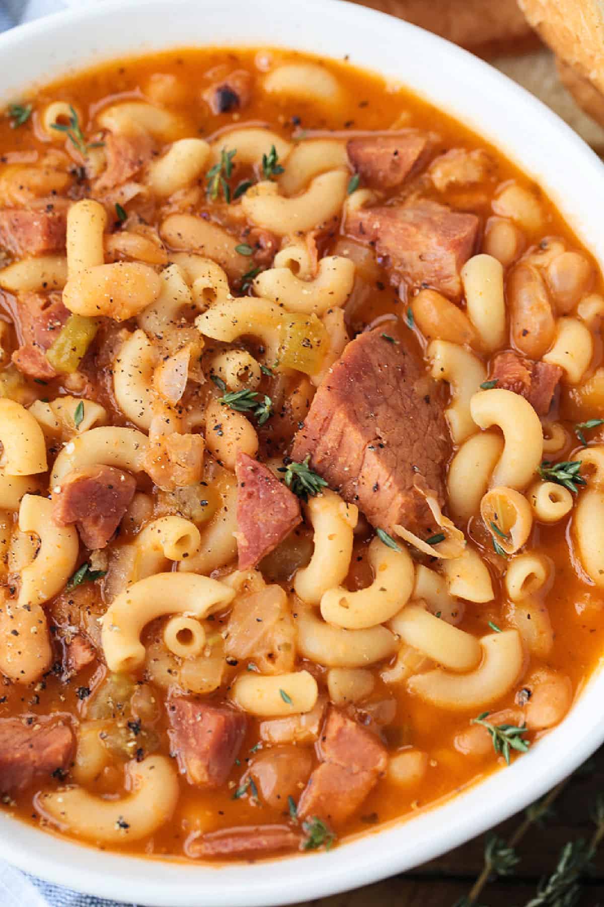 pasta fagioli in bowl close up on the side