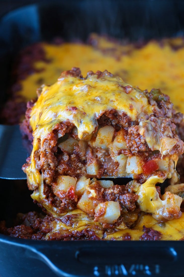 ground beef casserole with potatoes and cheese on top