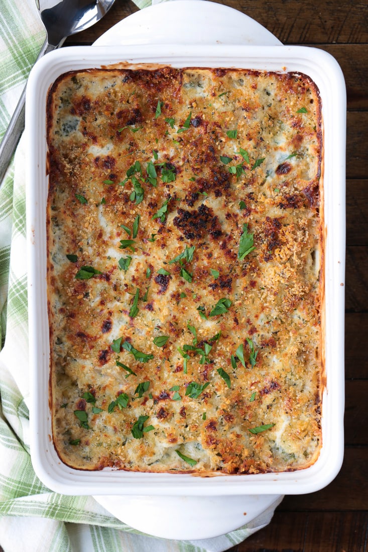 casserole with artichoke hearts and breadcrumb topping