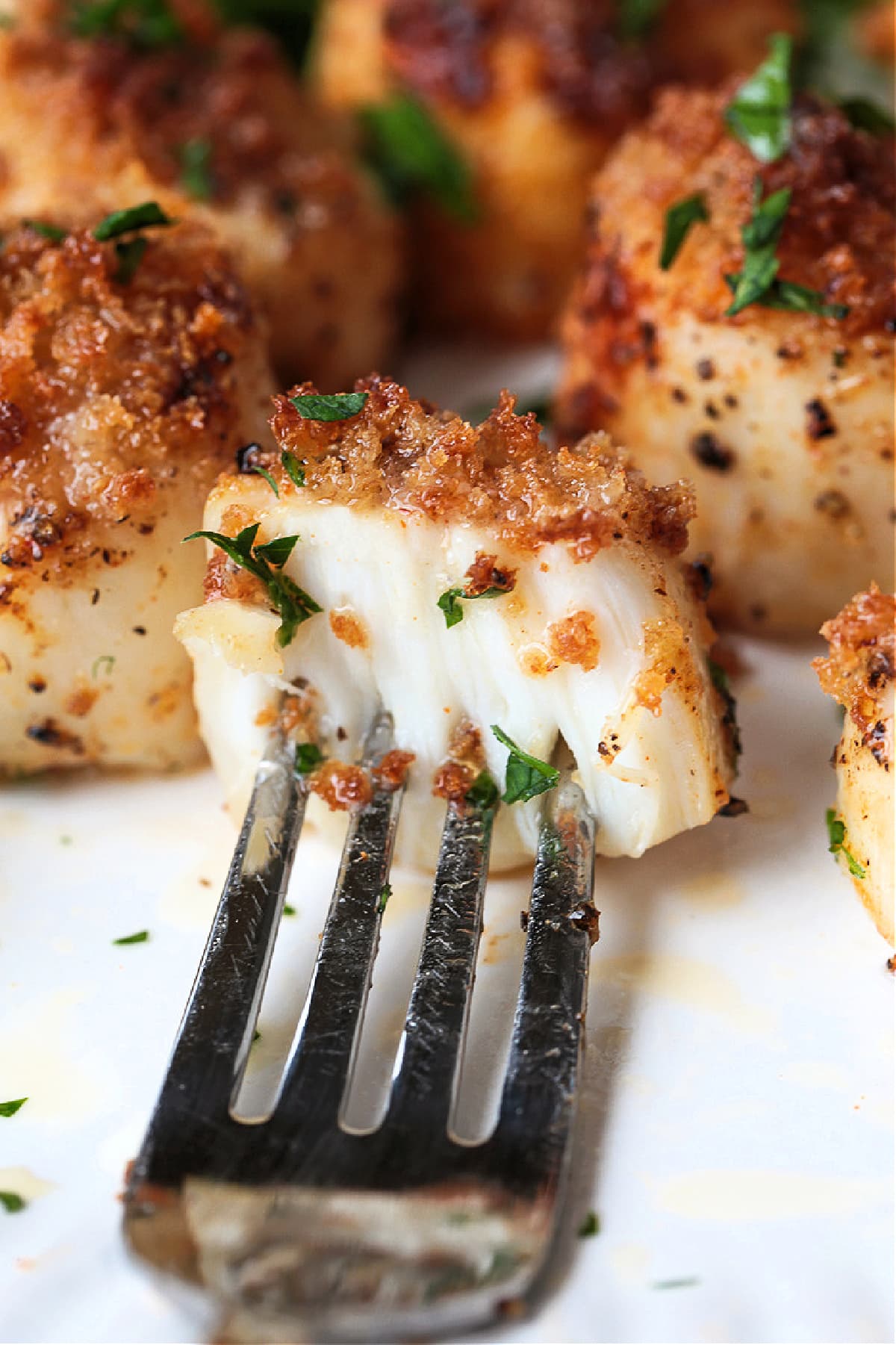 These Air Fryer Scallops are perfectly cooked and are melt in your mouth tender. An easy seafood dinner recipe for any occasion! fork holding a scallop cut in half