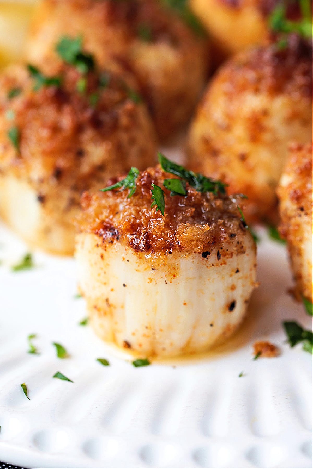 These Air Fryer Scallops are perfectly cooked and are melt in your mouth tender. An easy seafood dinner recipe for any occasion! scallop with breadcrumb topping drizzled with butter