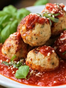 turkey meatballs stacked on a plate with sauce