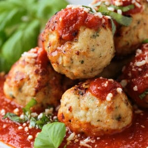 turkey meatballs stacked on a plate with sauce