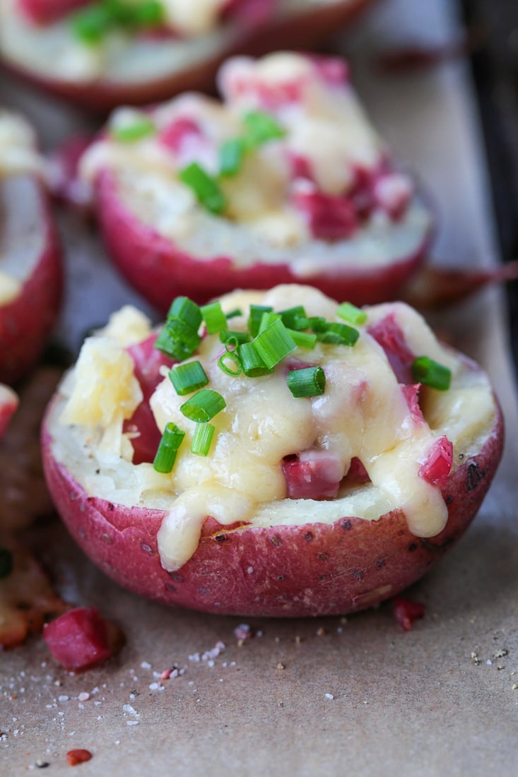 Red potato stuffed with leftover corned beef and topped with cheddar cheese
