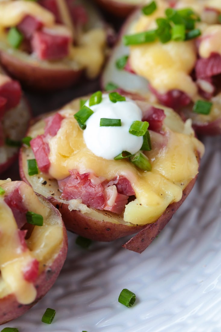 small red potato with corned beef and cheese
