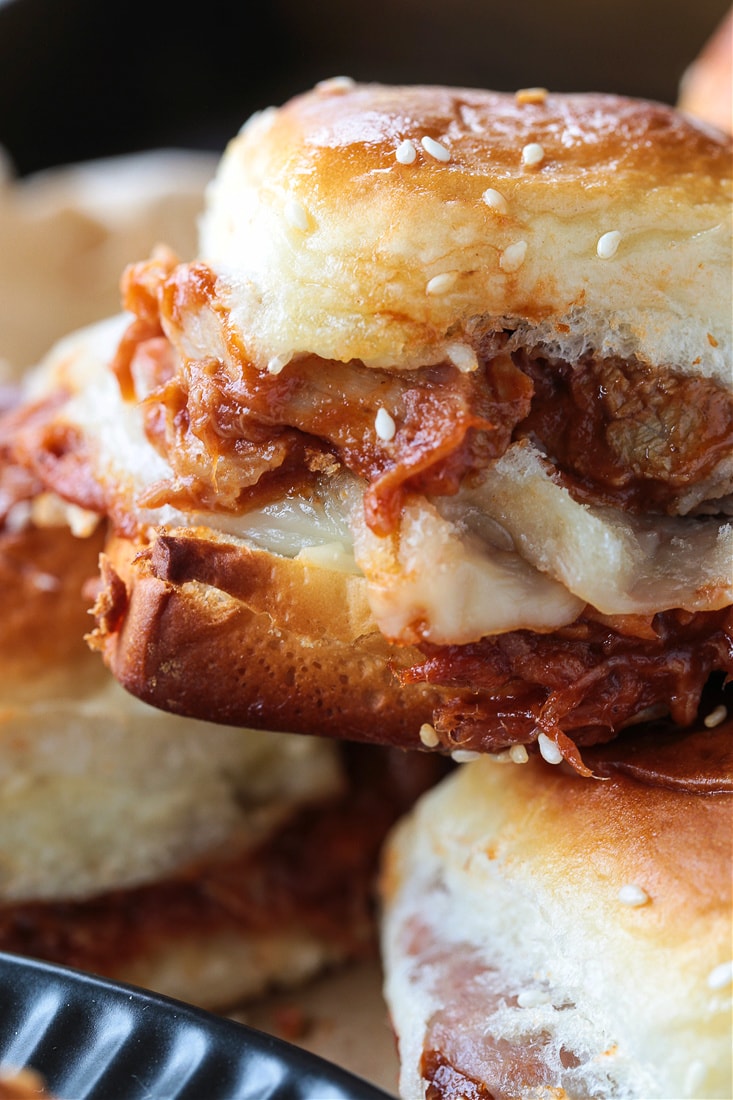 close up of slider with bbq pork and cheese