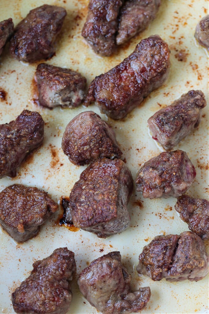 seared beef tips in skillet