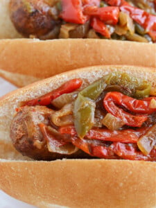 sausage and peppers on a bun