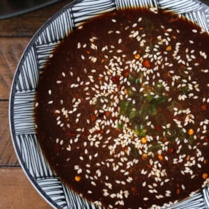 stir fry sauce in bowl topped with sesame seeds