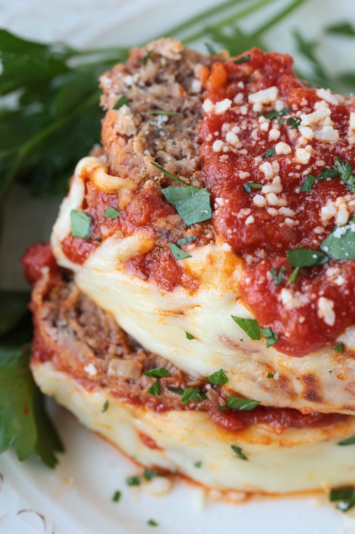 slices of Italian meatloaf stacked on a plate