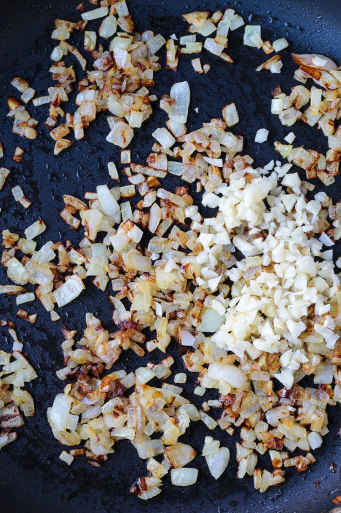 cooked onions and garlic in a skillet