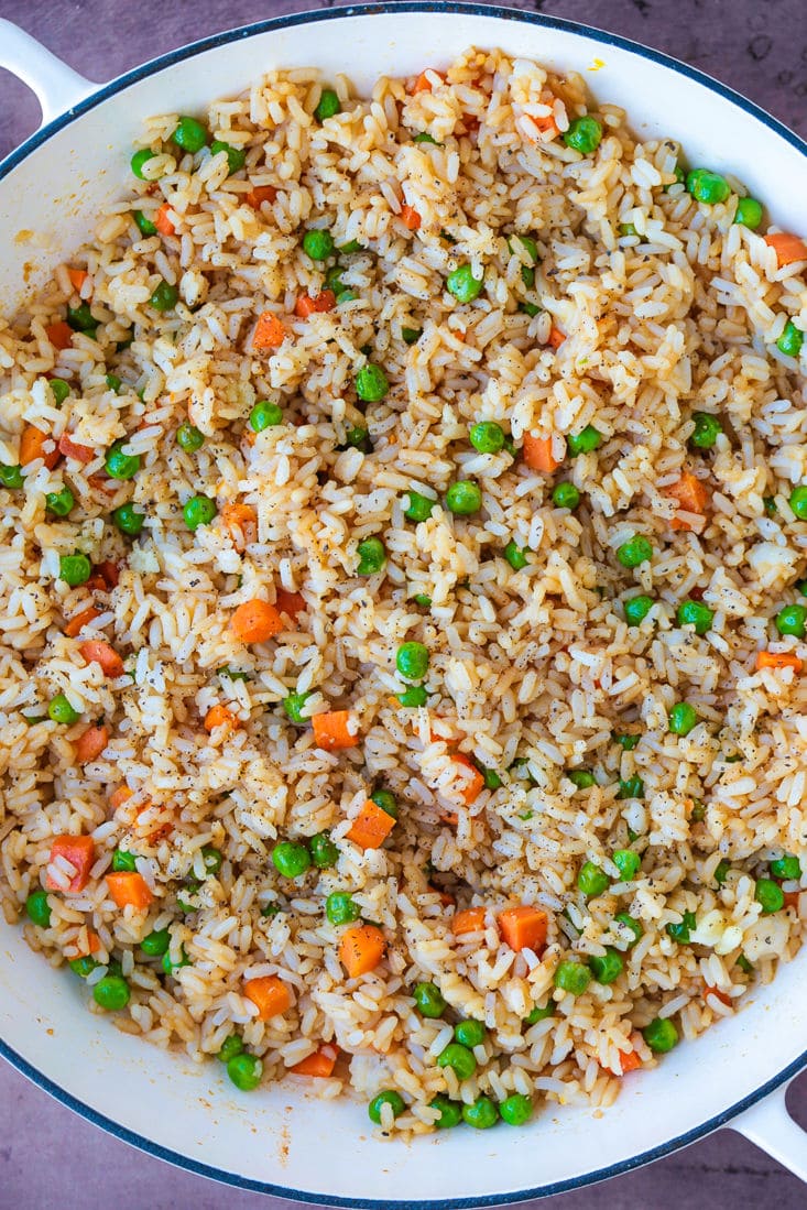 fried rice with shrimp in a skillet
