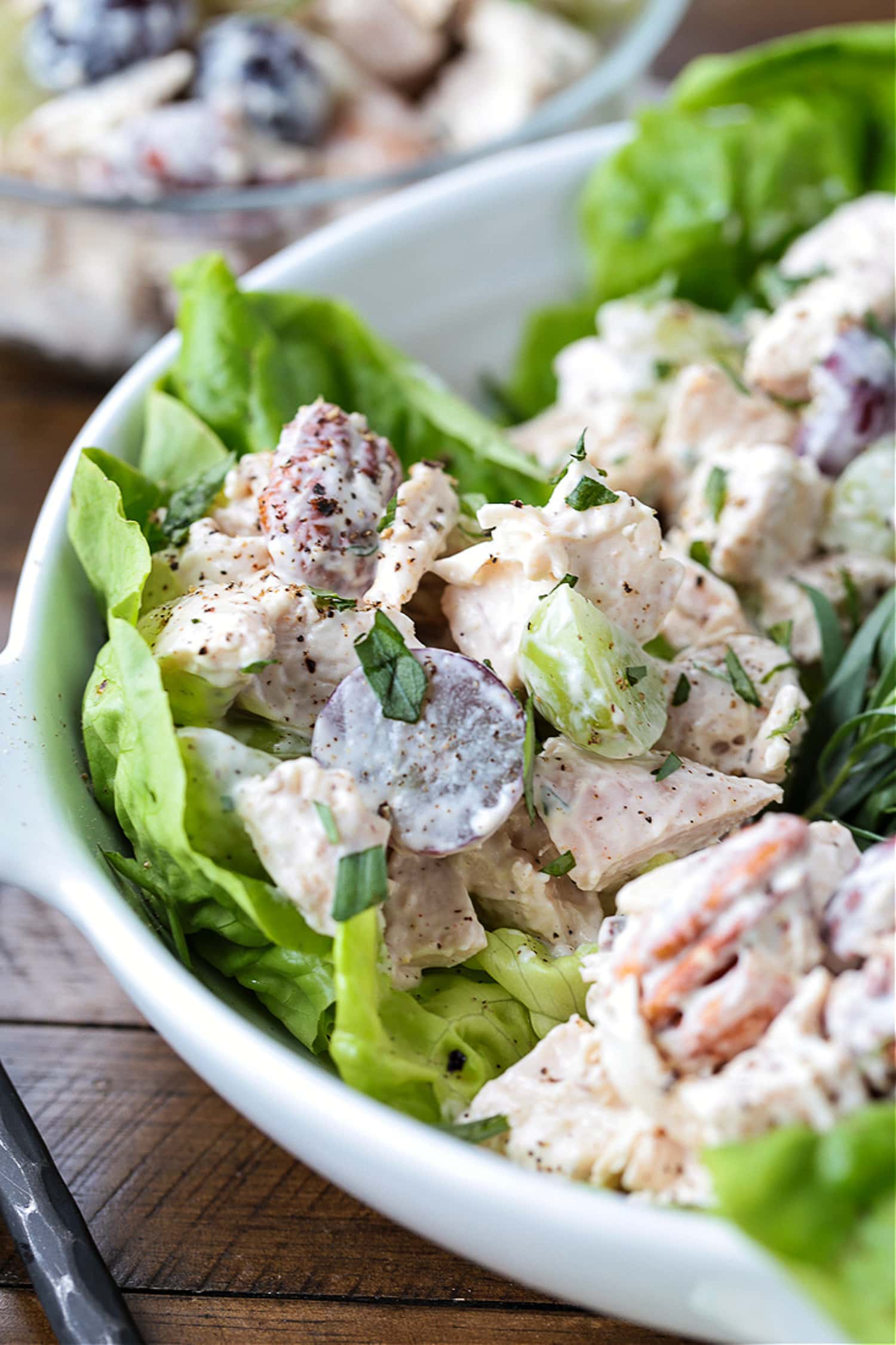 chicken salad with grapes and walnuts in a lettuce cup