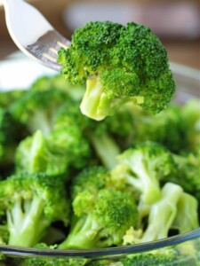 steamed broccoli floret on fork