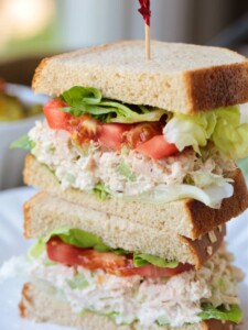 tuna salad sandwich sliced and stacked
