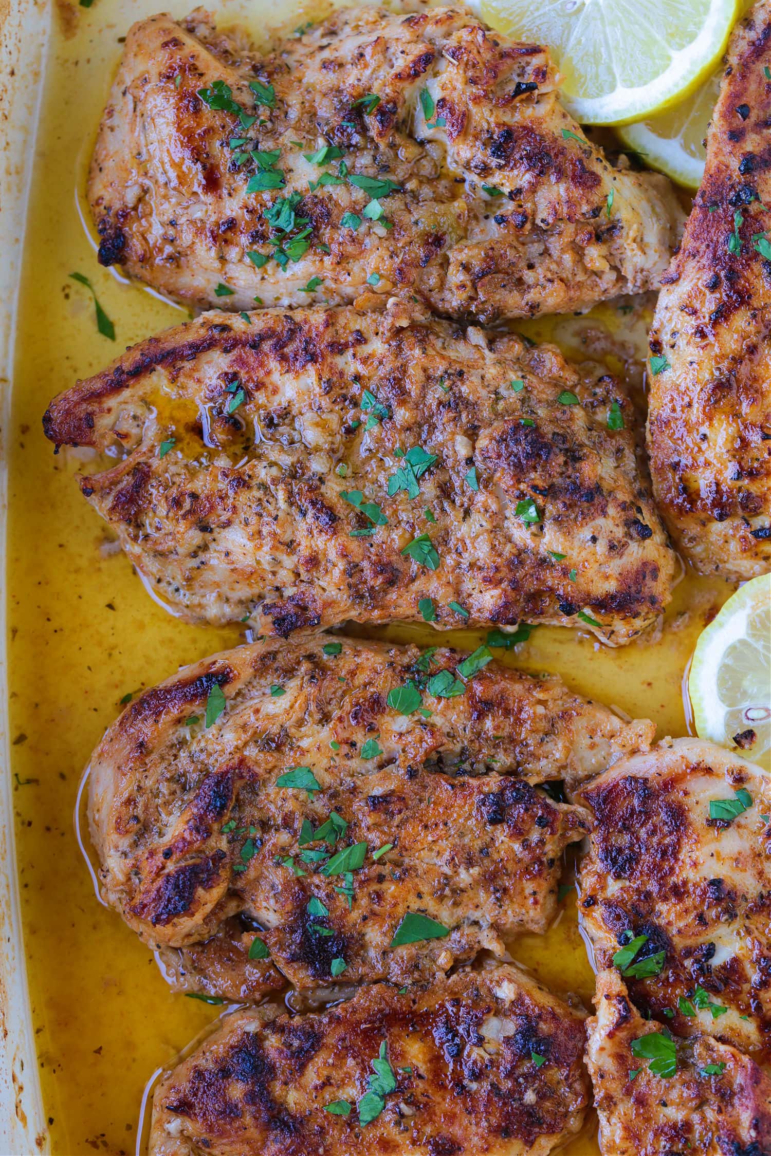 chicken breasts in a baking dish with Greek marinade