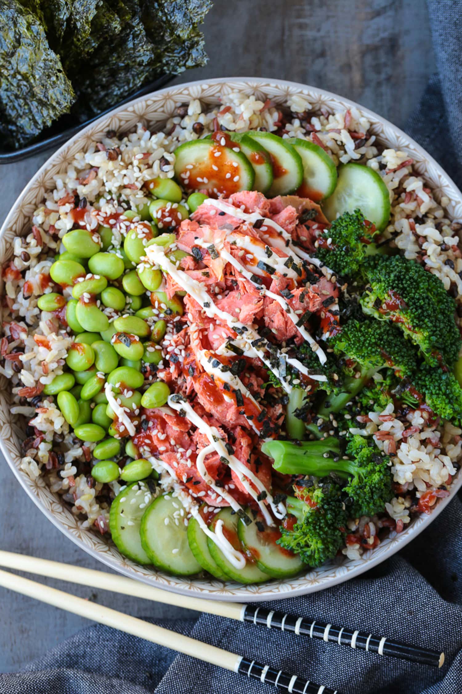 salmon bowl with steamed broccoli