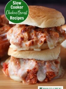 image of shredded chicken sandwiches stacked on board