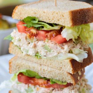 tuna salad sandwich sliced and stacked