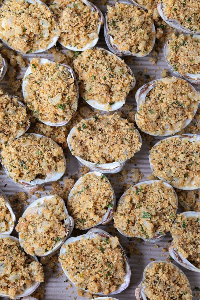 Baked Clams are always a hit! Fresh, steamed clams topped with a buttery breadcrumb topping. A delicious seafood appetizer or dinner! clams topped with seasoned breadcrumb topping