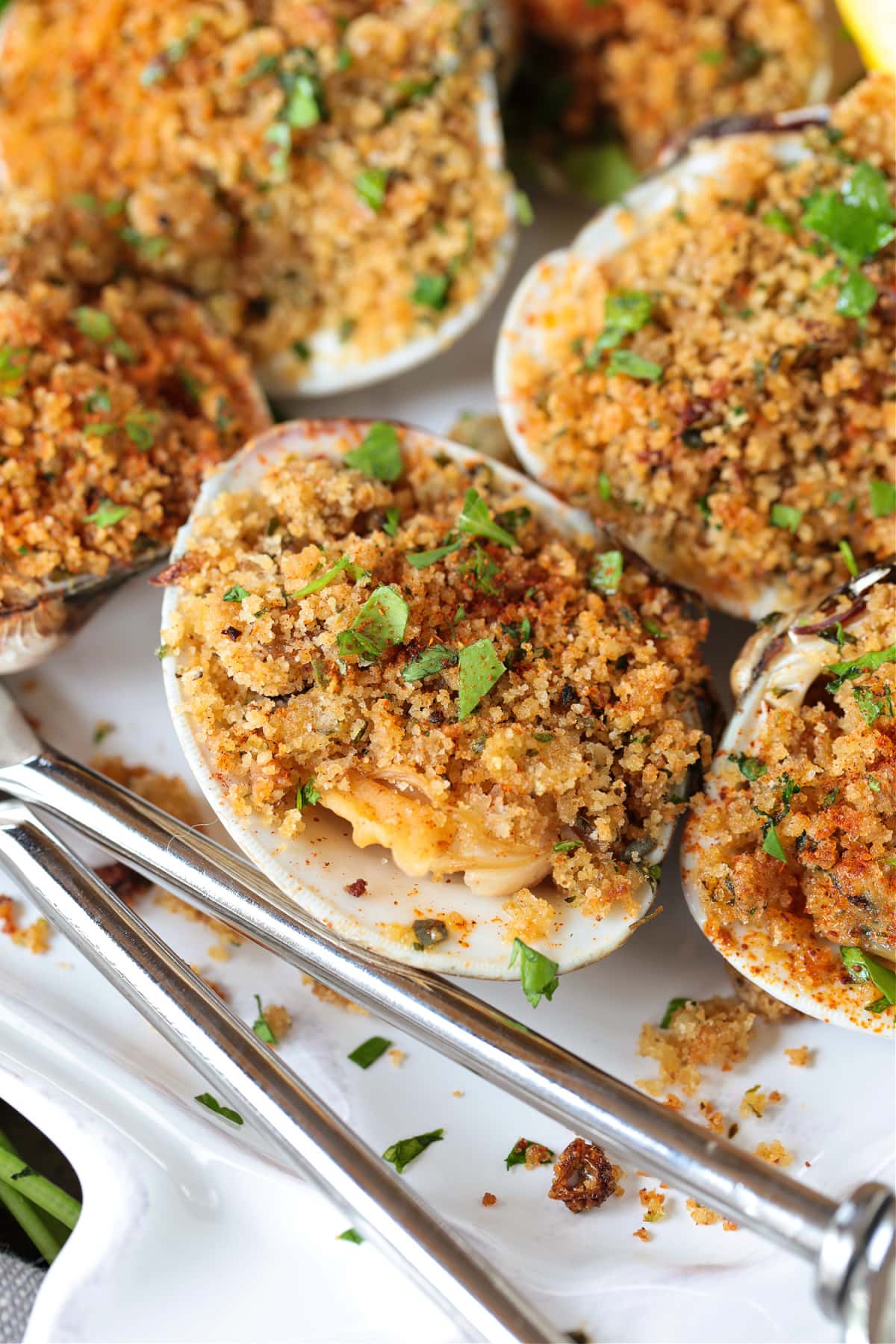 Baked Clams are always a hit! Fresh, steamed clams topped with a buttery breadcrumb topping. A delicious seafood appetizer or dinner! clams with breadcrumb topping and parsley