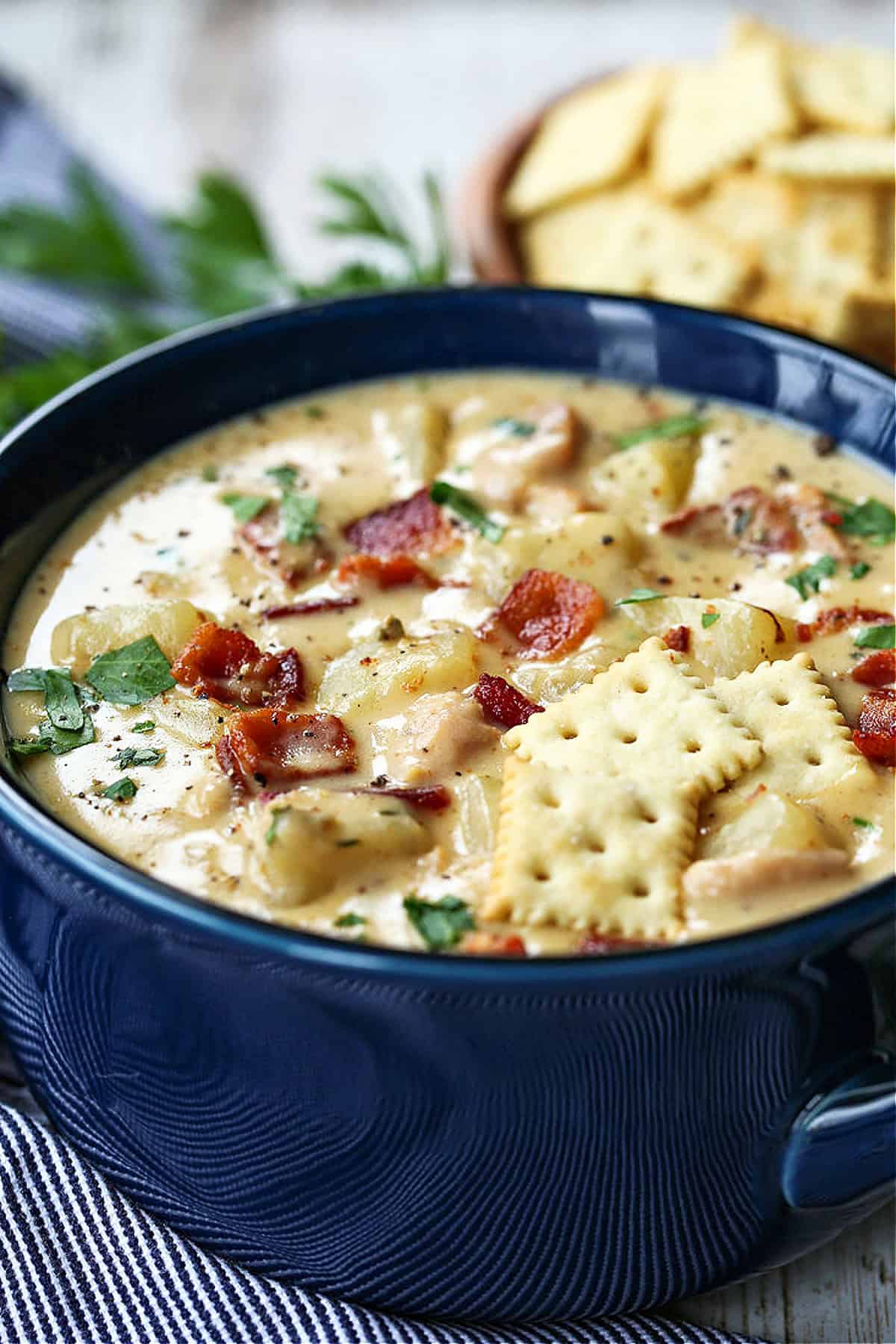 clam chowder in a bowl with crackers on top
