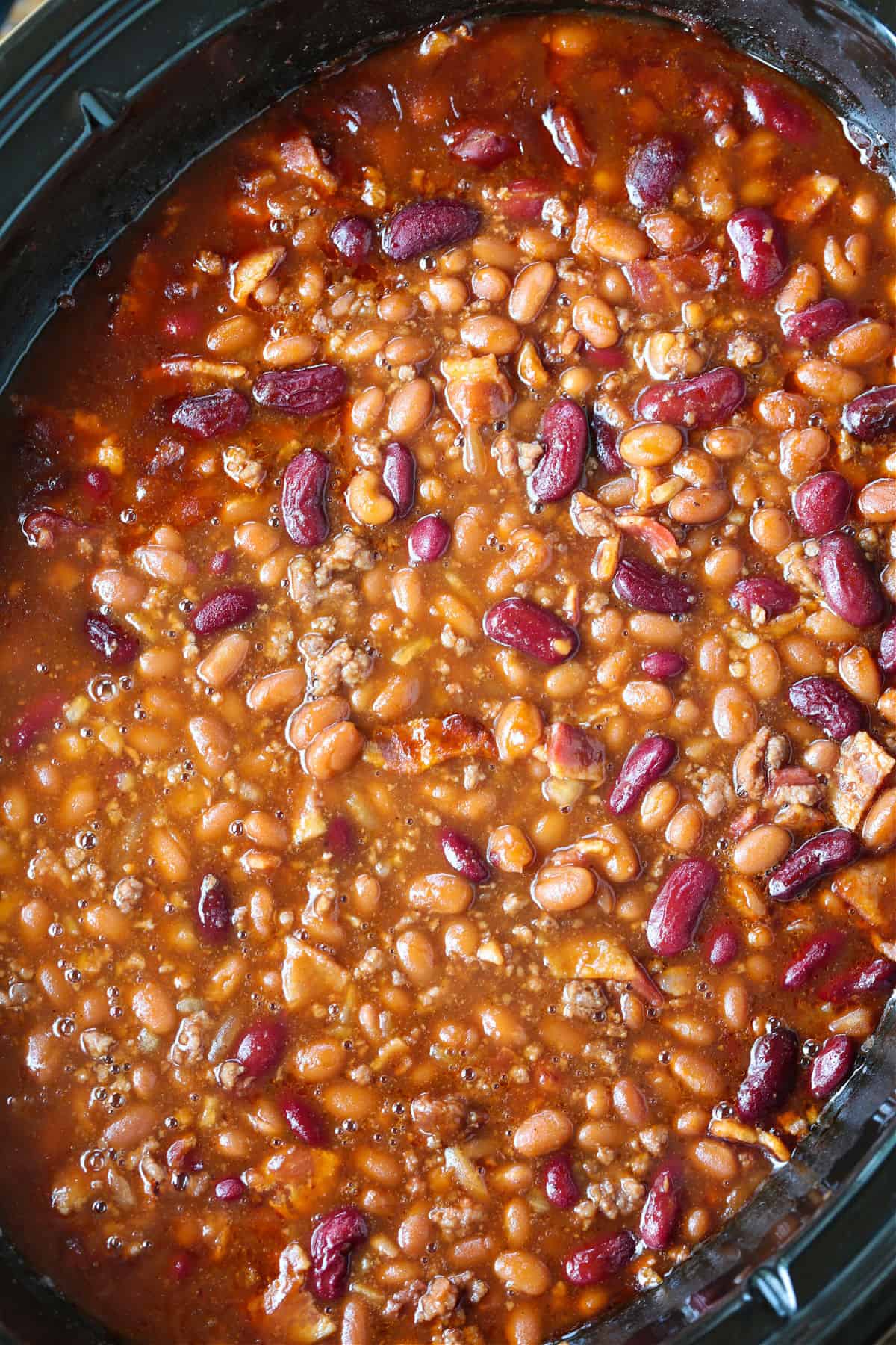 baked beans with ground beef and bacon in slow cooker