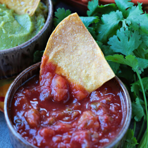 air fryer tortilla chip dipped in salsa