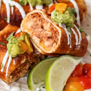 Chicken Chimichangas cut on a plate for serving