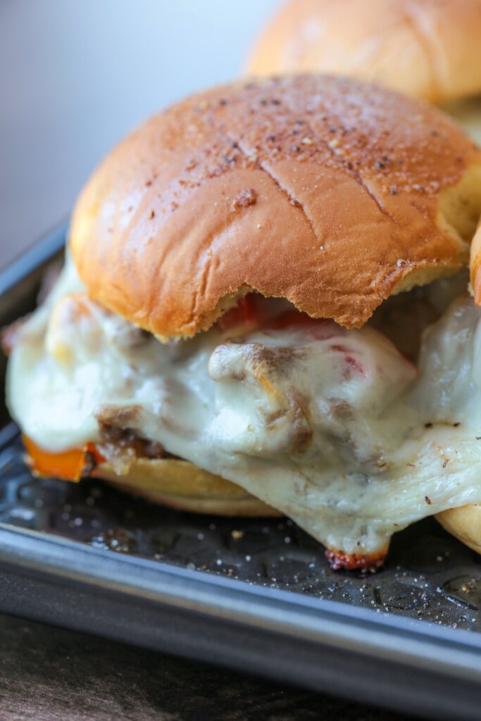 close up of philly cheesesteak slider