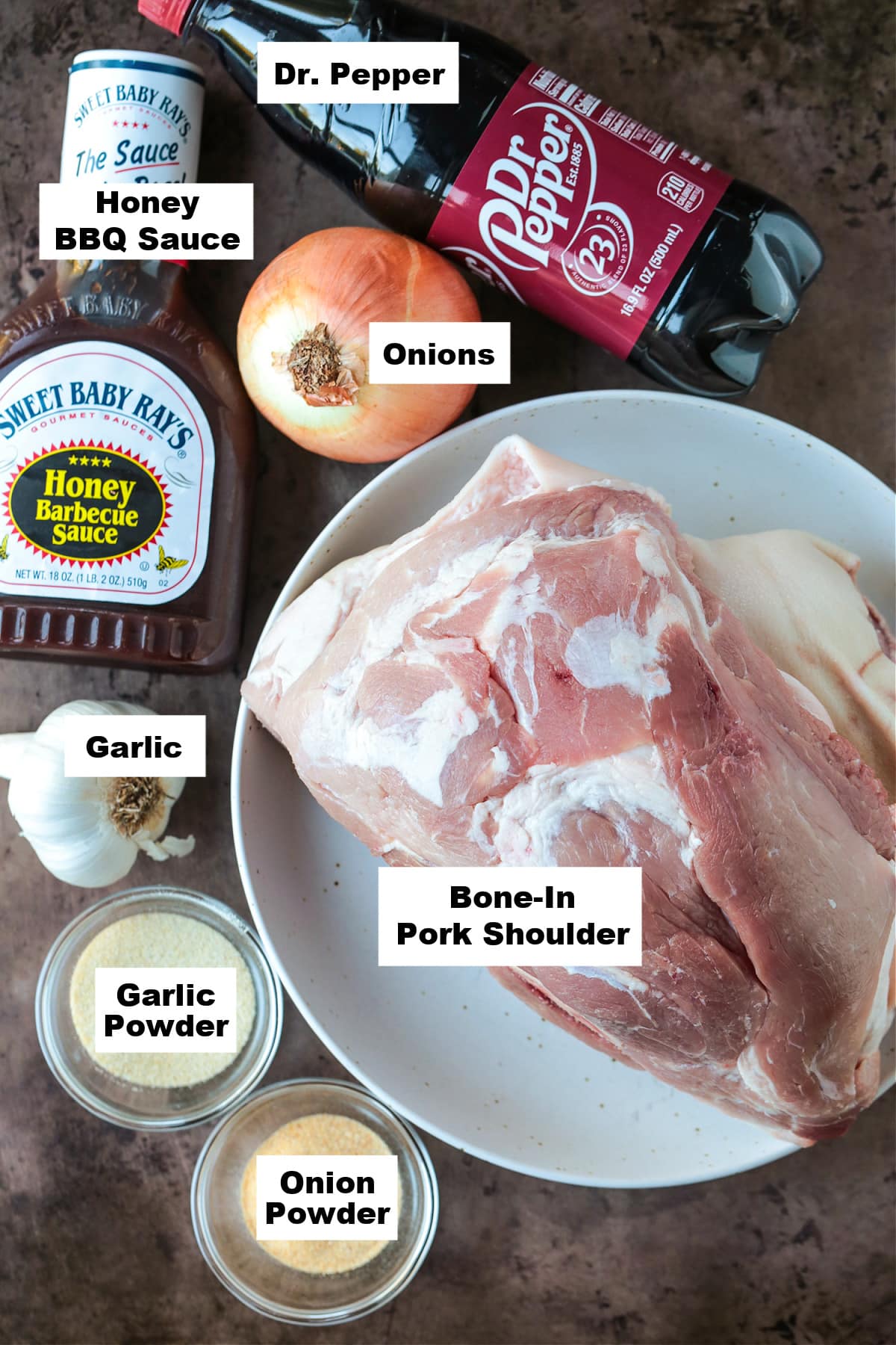 ingredients for making slow cooker pulled pork with dr. pepper