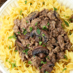 ground beef stroganoff over noodles on plate