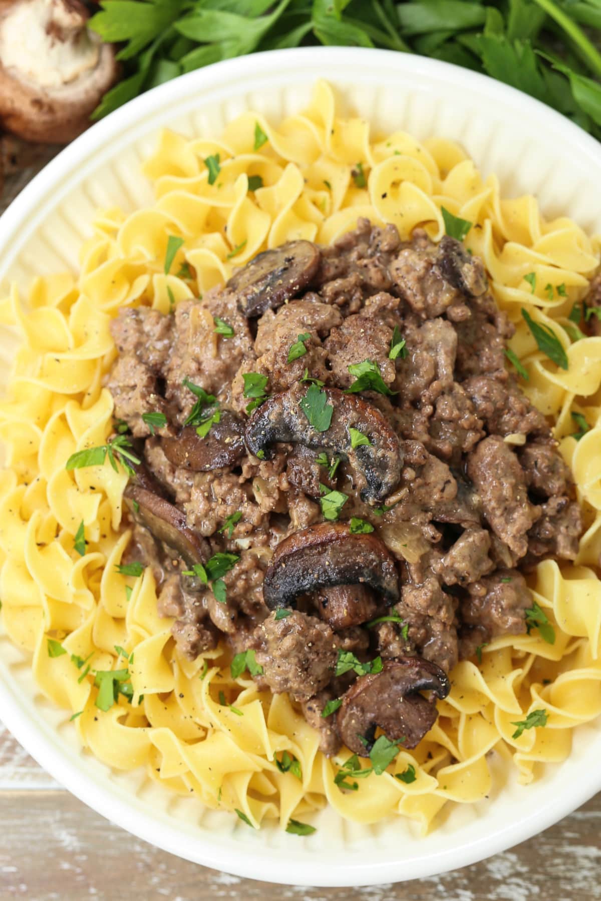 ground beef stroganoff over noodles on plate