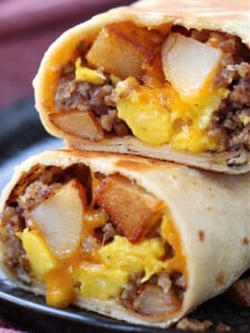 breakfast burritos cut in half and stacked