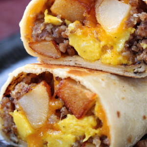 breakfast burritos cut in half and stacked