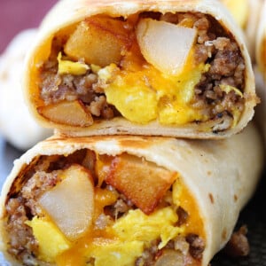 breakfast burritos cut in half and stacked