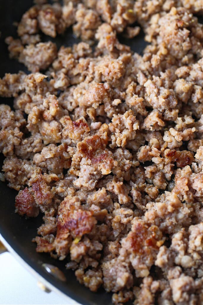 crumbled sausage in a skillet