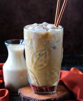 pumpkin cream cold brew in iced coffee drink with straws