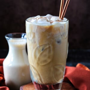 pumpkin cream cold brew in iced coffee drink with straws