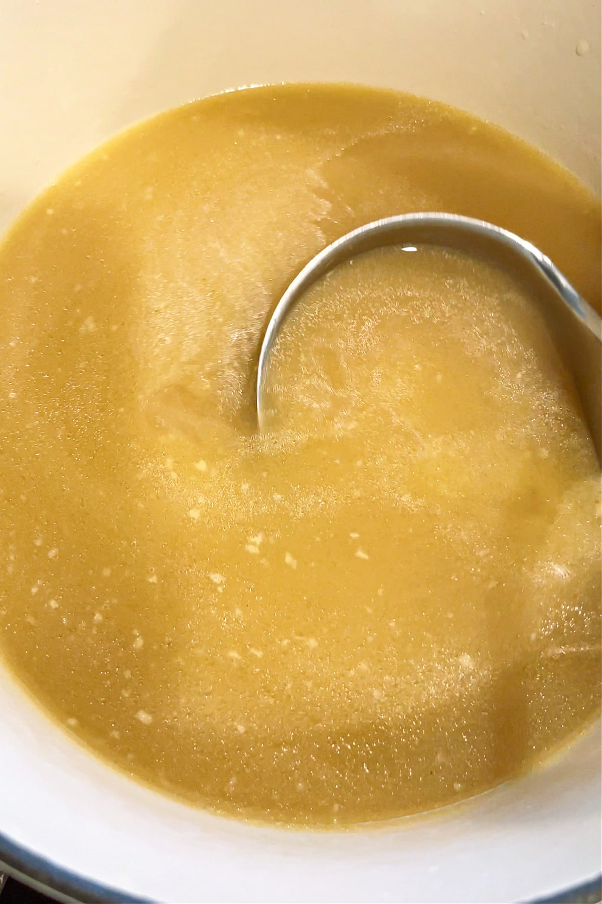 Rotisserie Chicken Stock is so easy to make with leftover rotisserie chicken bones! Use this hearty chicken stock in soups, stews and more! ladle in pot with chicken stock